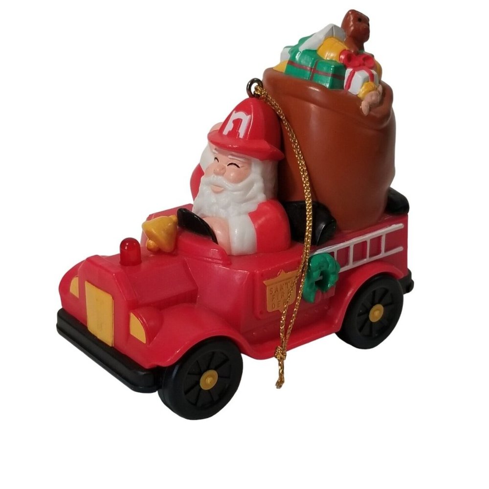 Ornament Fireman Santa Christmas Firetruck 1988 Avon Plastic Fire Department